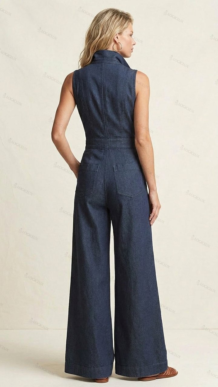 Womens Sleeveless Notched Collar Single-breasted Denim Wide Leg Jumpsuit