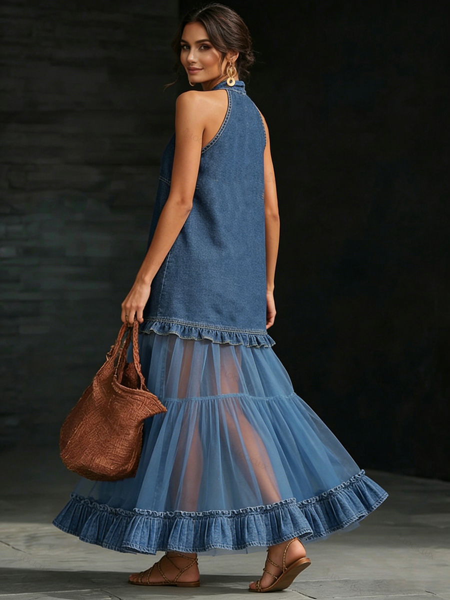 Stylish Elegant Organza-Paneled Denim Maxi Dress