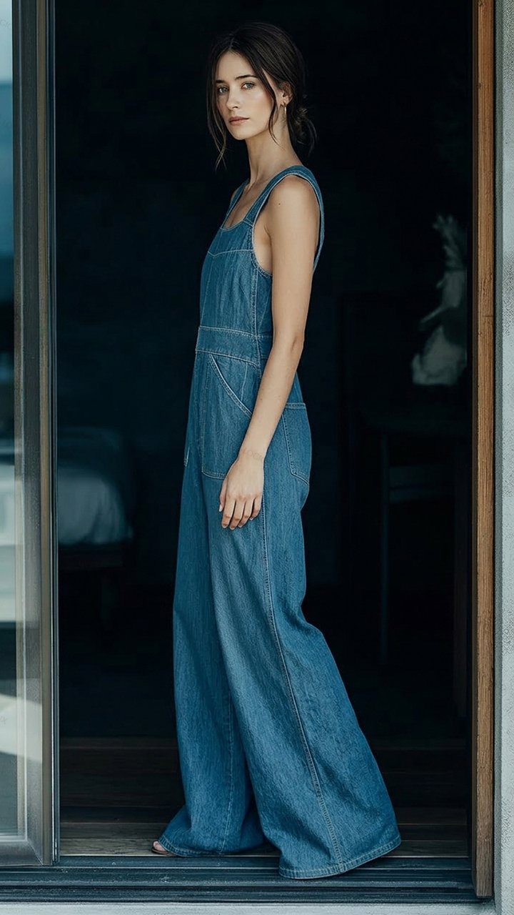 Women's Square-neck Sleeveless Denim Wide-leg Overall Jumpsuit