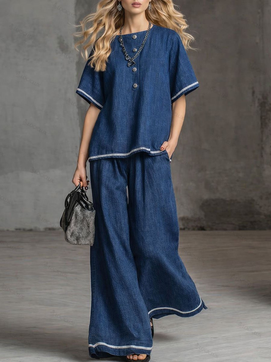 Women's Round Neck Short-sleeved Casual Loose Denim Top And High-waisted Wide-leg Denim Pants Set.