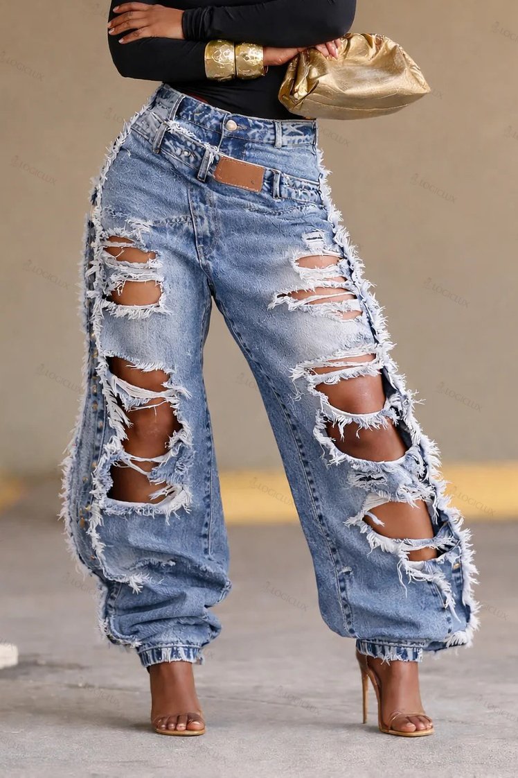 Women's Fashion Ripped Fringed Loose Jeans