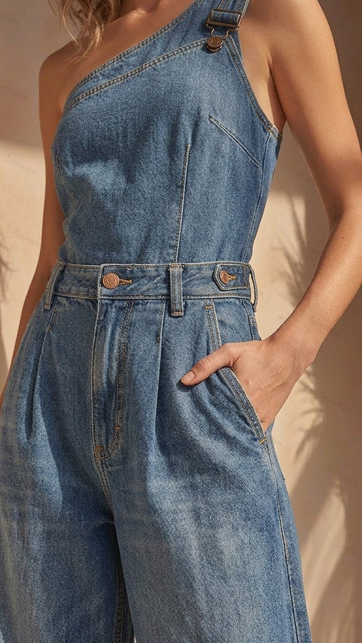 Women's One-shoulder Denim Wide-leg Overall Jumpsuit