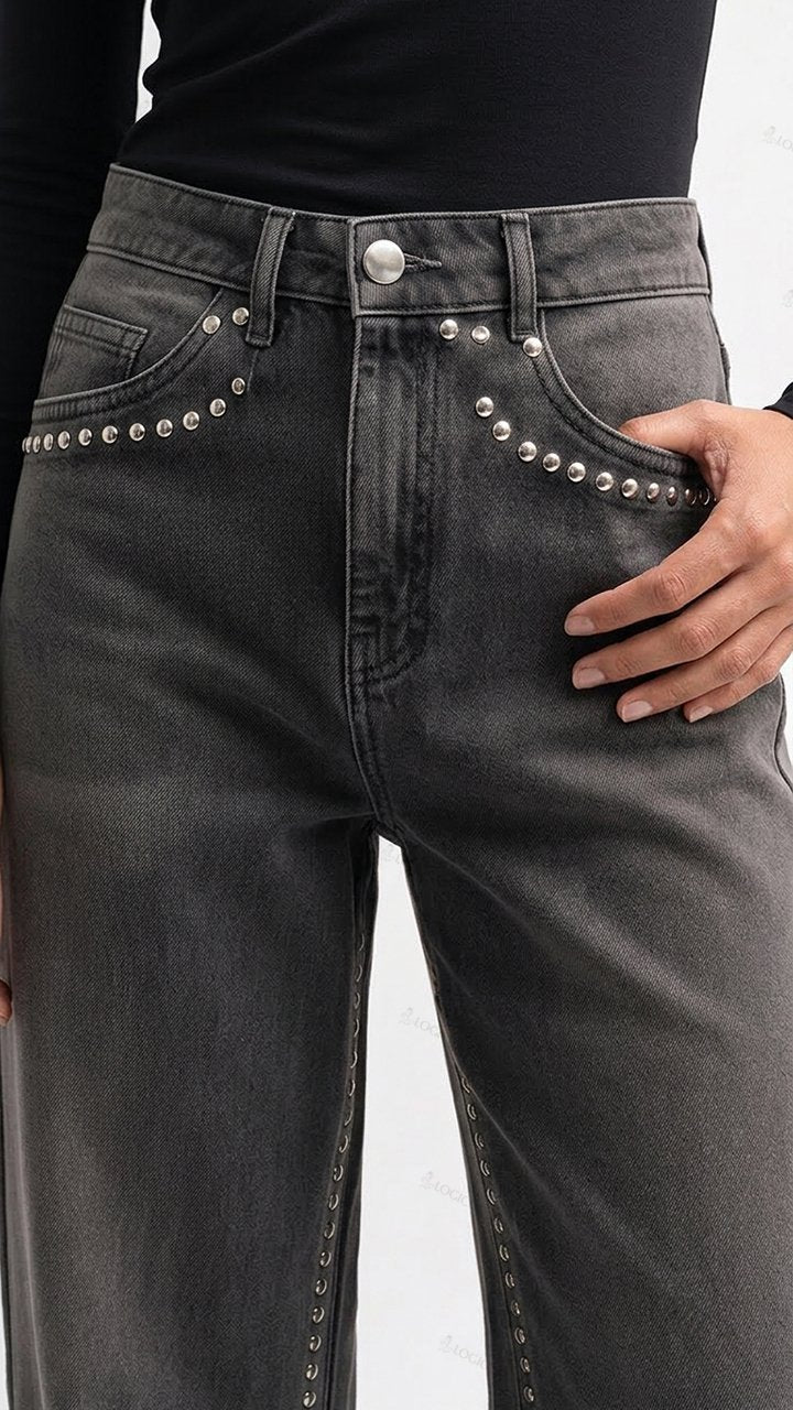 Womens Rivet Trimmed High Waisted Wide Leg Denim Pants