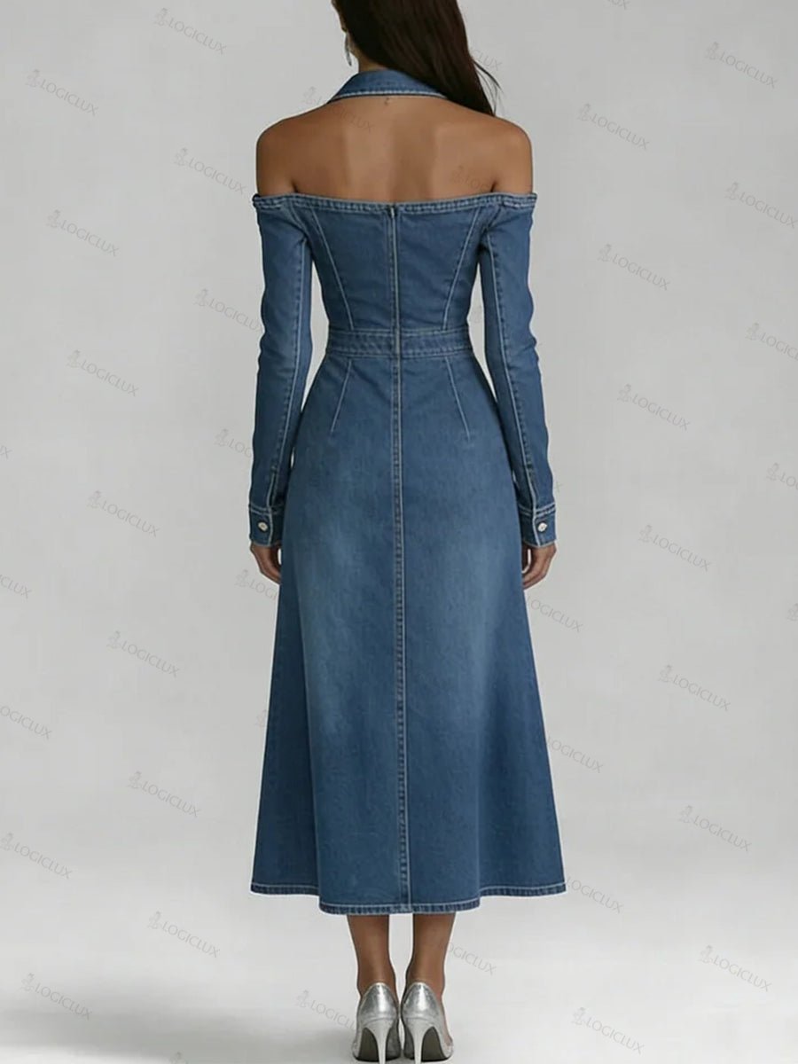 Stylish Off-shoulder Button-down Denim Dress
