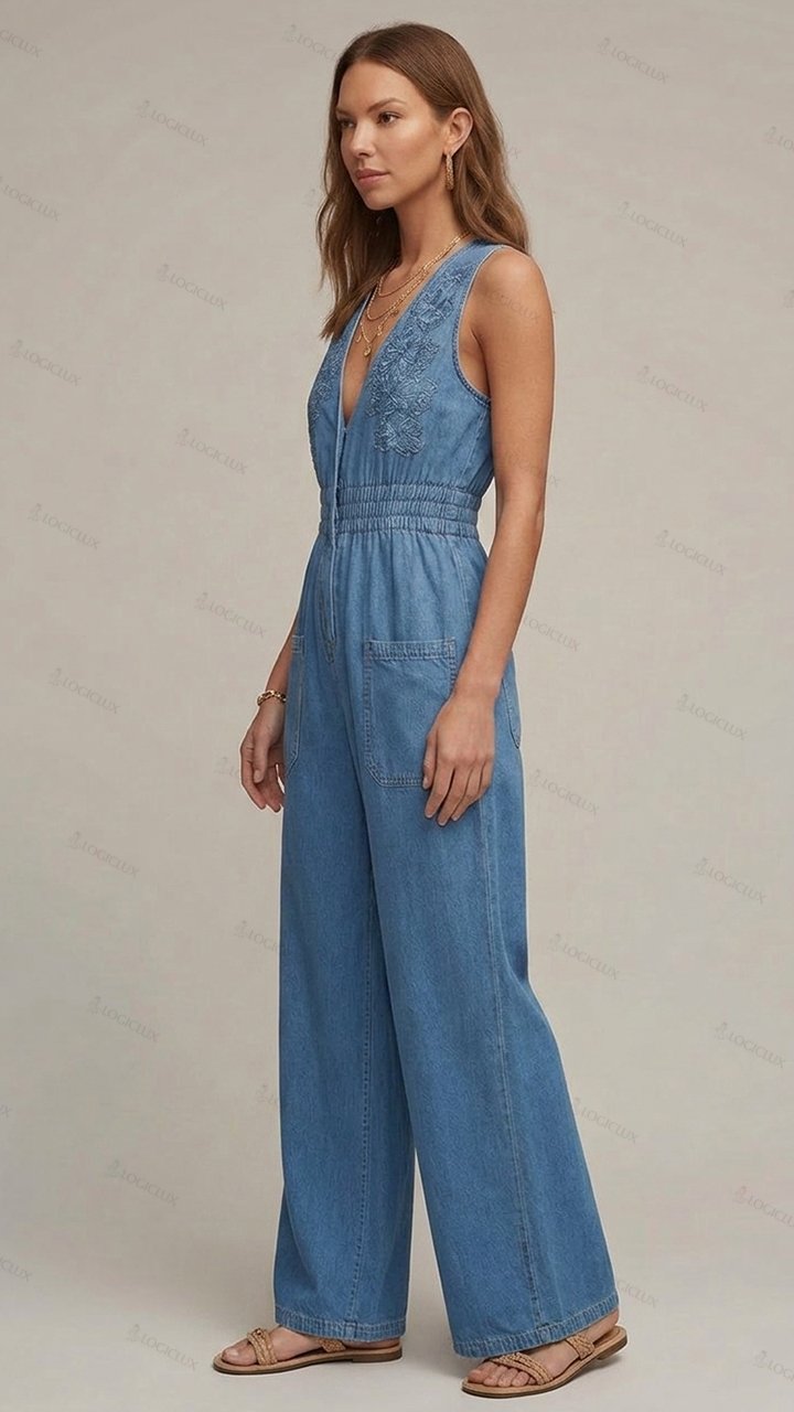 Womens Sleeveless V-neck Embroidered Elastic Waist Wide Leg Denim Jumpsuit