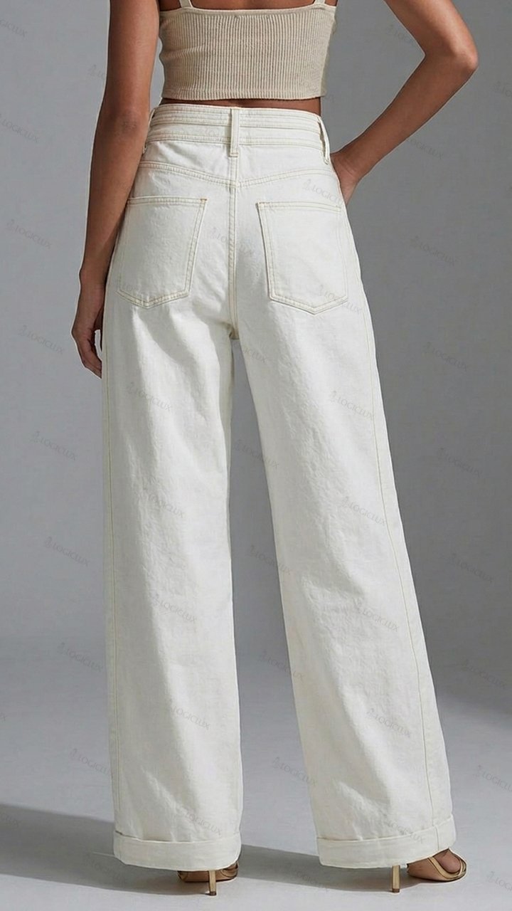 Womens Metal Ring Decorated Wide Leg Denim Pants