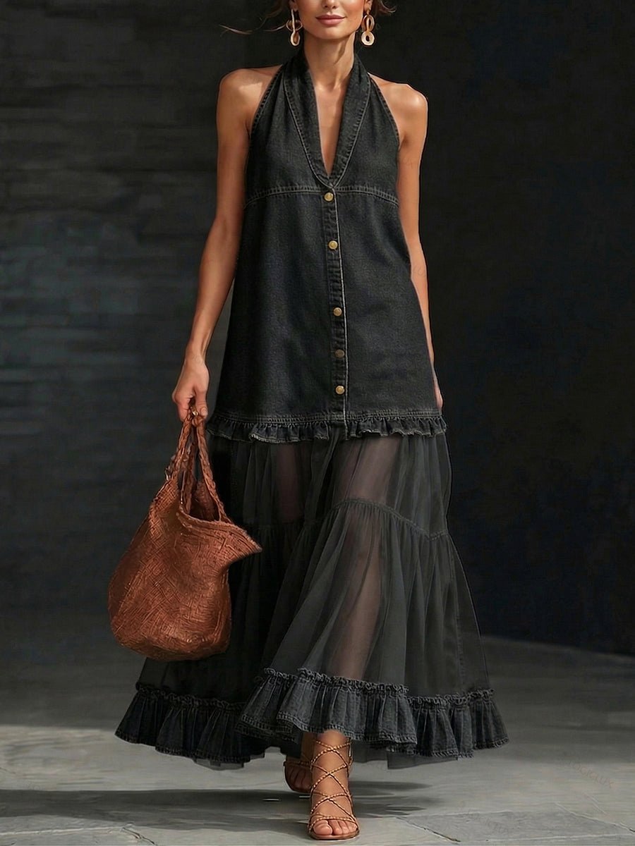 Stylish Elegant Organza-Paneled Denim Maxi Dress