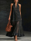 Stylish Elegant Organza-Paneled Denim Maxi Dress