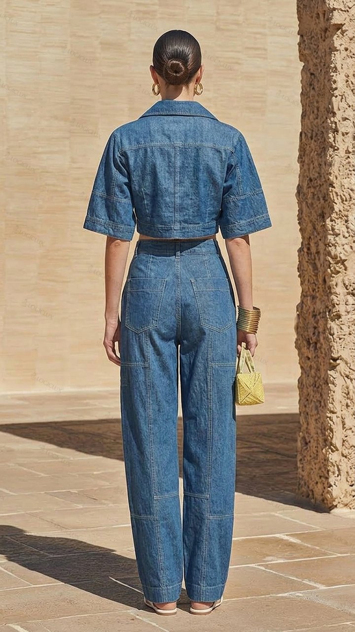 Short denim jacket paired with high-waisted wide-leg denim pants set