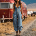 Women's Western Cowboy Style Outdoor Casual Denim Jumpsuit Trousers