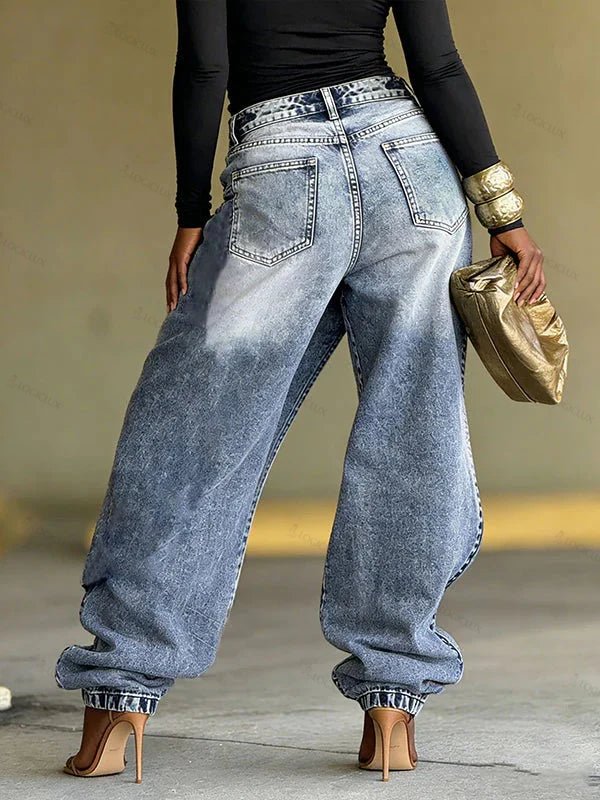 Women's Colored Gemstone Faux Two-Piece Loose Jeans