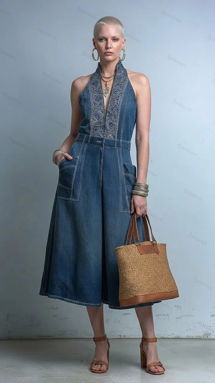 Women's Embroidered Halter Denim Jumpsuit