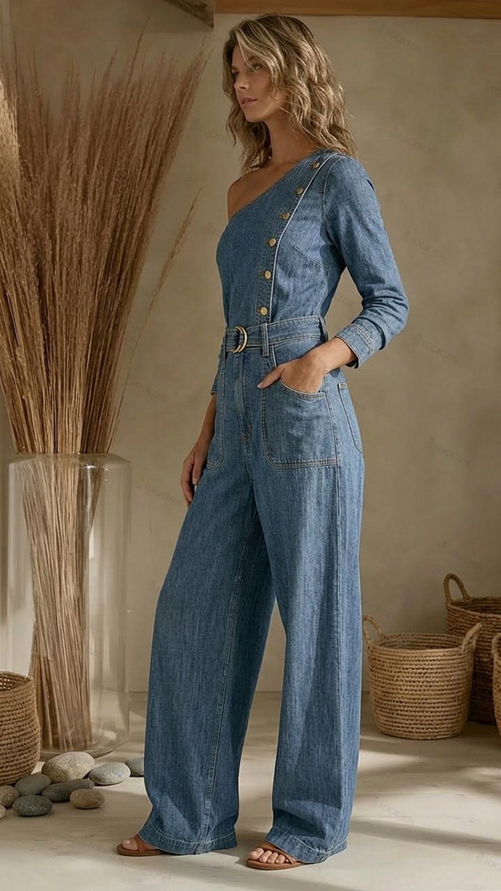 Women's Off-shoulder Single-row Button Denim Wide-leg Jumpsuit