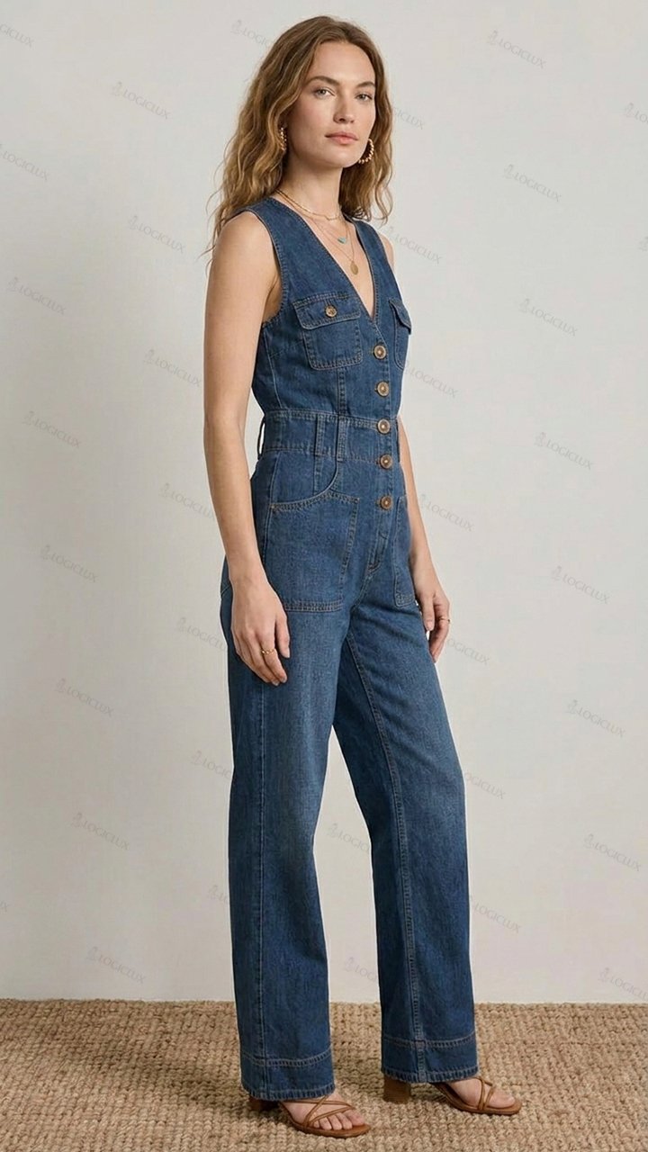 Womens Sleeveless V-neck Multi-pocket Denim Jumpsuit