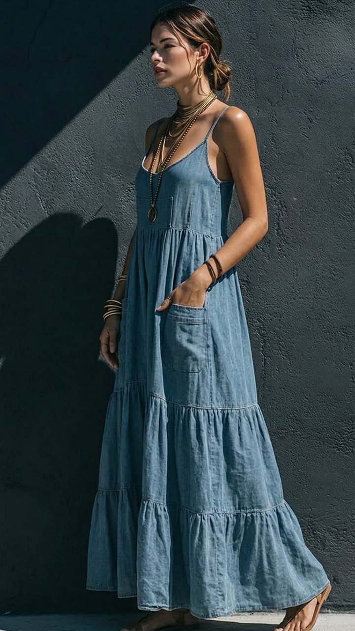 Women's spaghetti-strap Tiered Denim Maxi Dress with Pockets