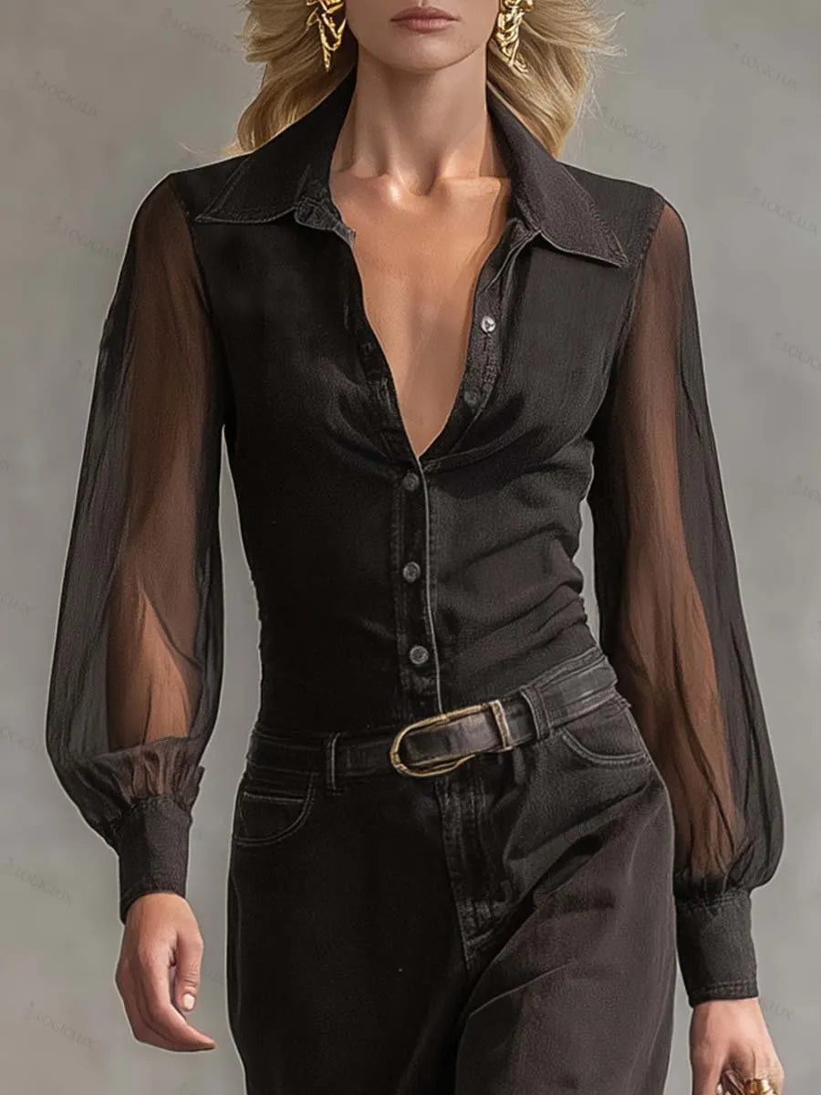Vintage Western Front Button V-Neck Transparent Long Sleeve Black Denim Maxi Dress