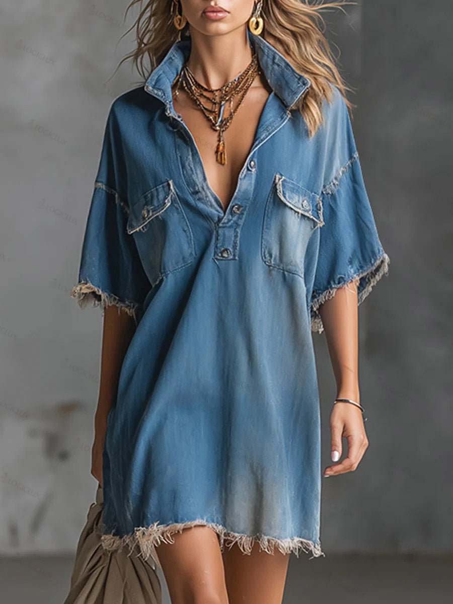 Women's Shirt Collar 1/2 Sleeve Casual Loose Denim Dress