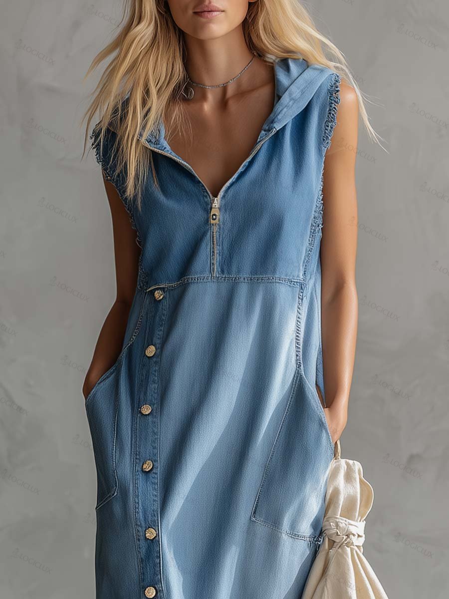 Exquisite Vintage Casual Hooded V-neck Zipper Side Slits Buttons Blue Denim Midi Dress
