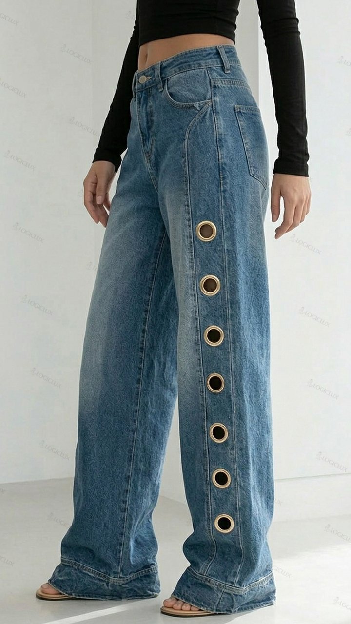 Womens High Waist Wide Leg Side Metal Ring Jeans