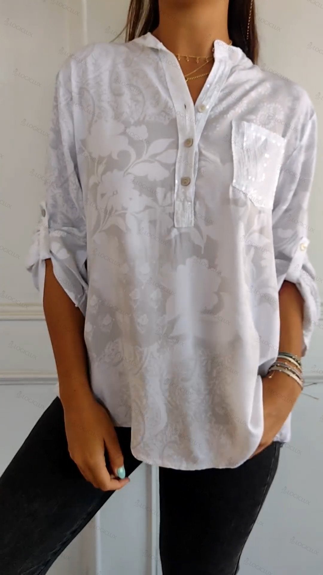 V-neck Half-button Printed Top(buy more save more)