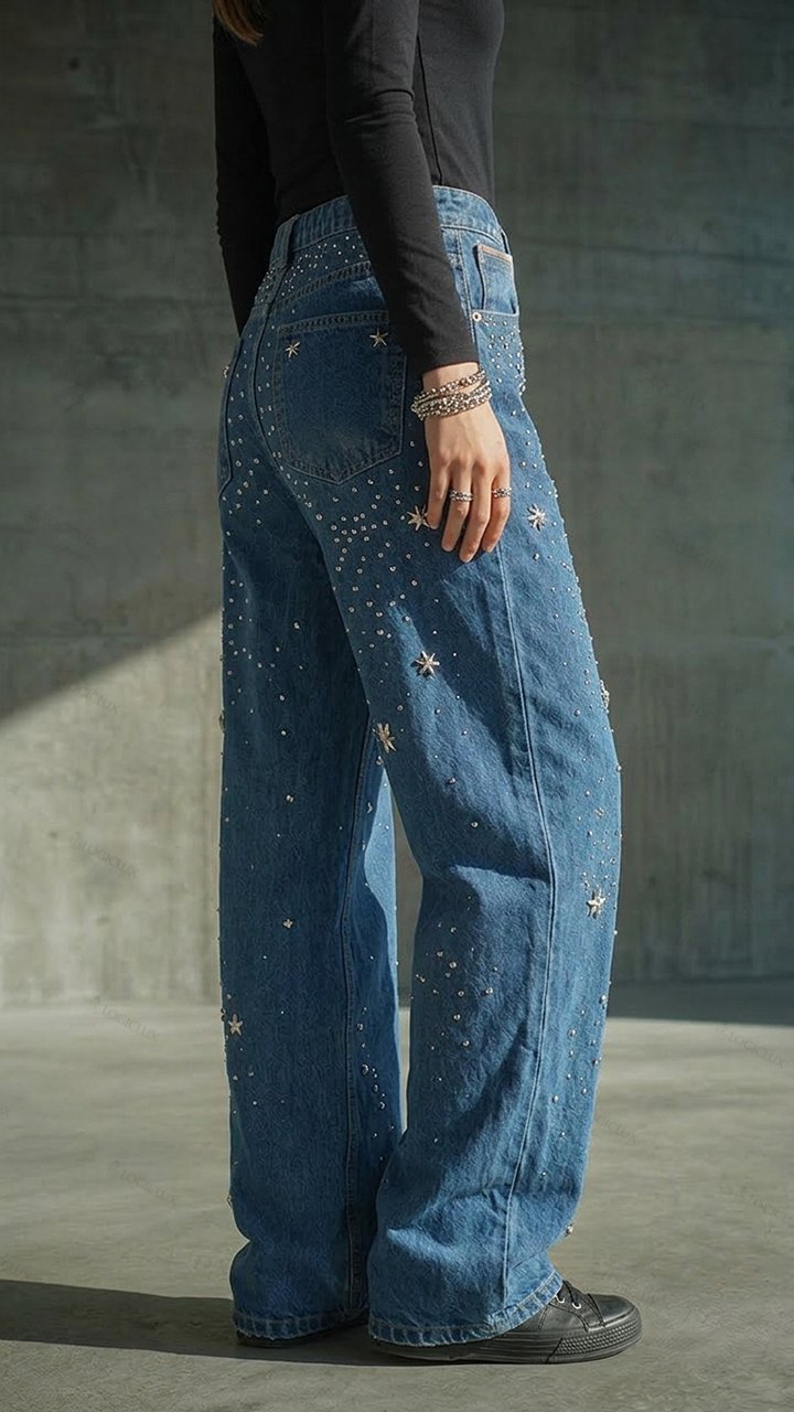 Womens Star Rhinestone Wide Leg Denim Pants