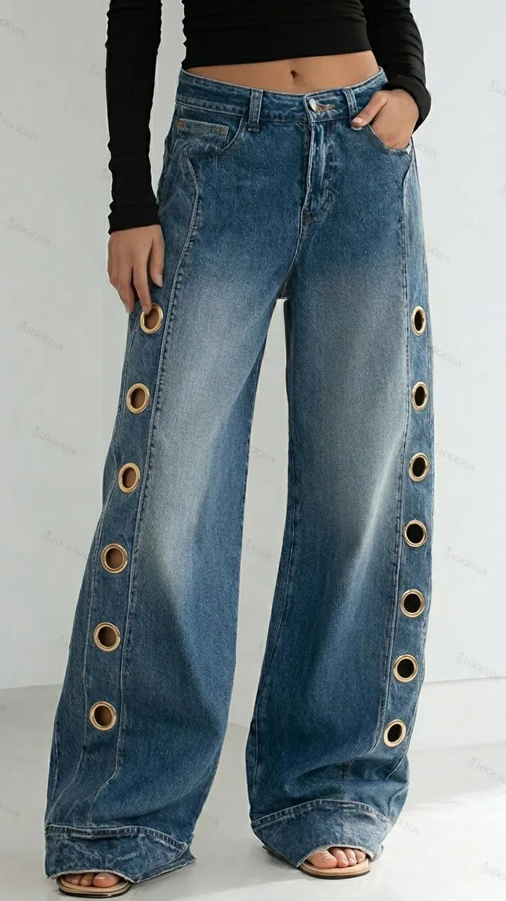 Womens High Waist Wide Leg Side Metal Ring Jeans