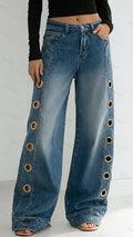 Womens High Waist Wide Leg Side Metal Ring Jeans