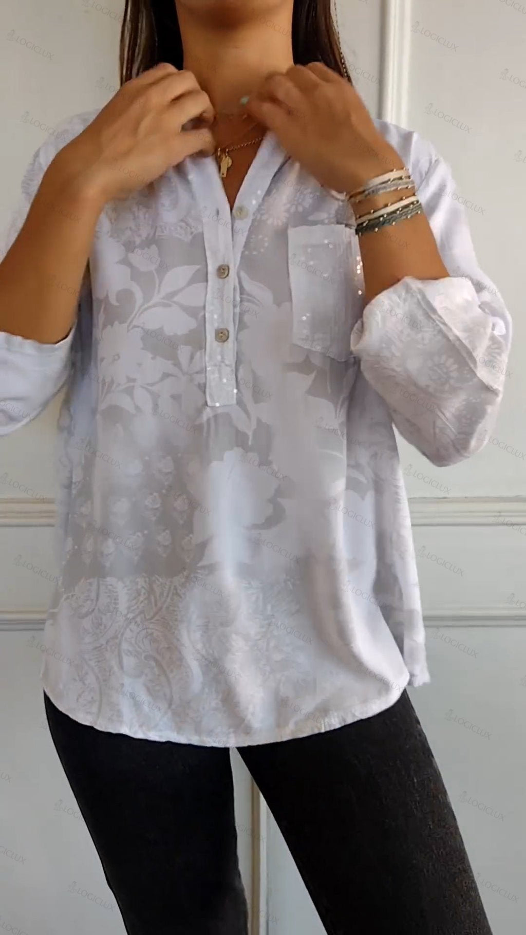 V-neck Half-button Printed Top(buy more save more)