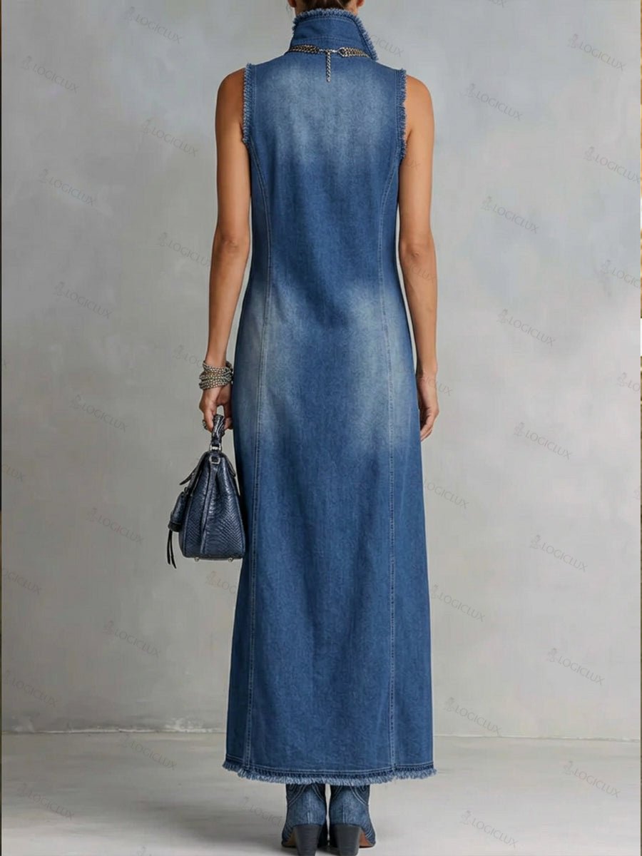 Casual Sleeveless Denim Dress With Slit