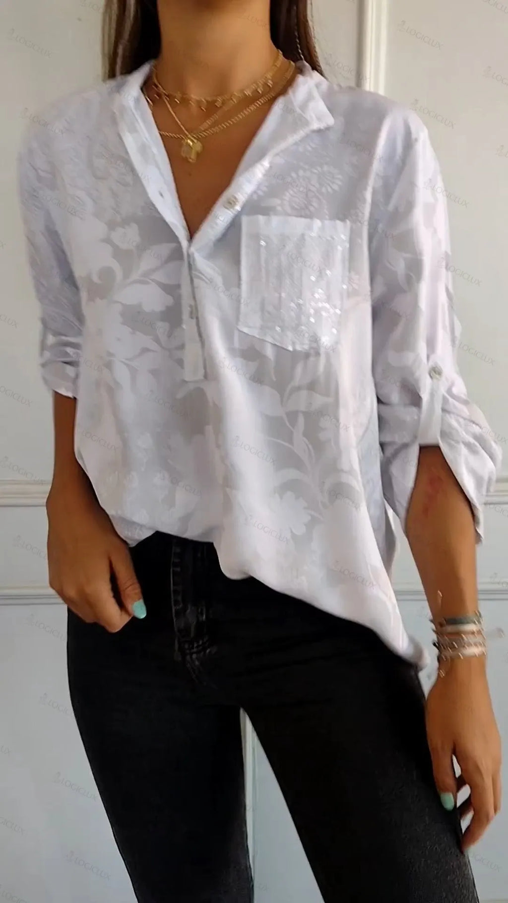 V-neck Half-button Printed Top(buy more save more)