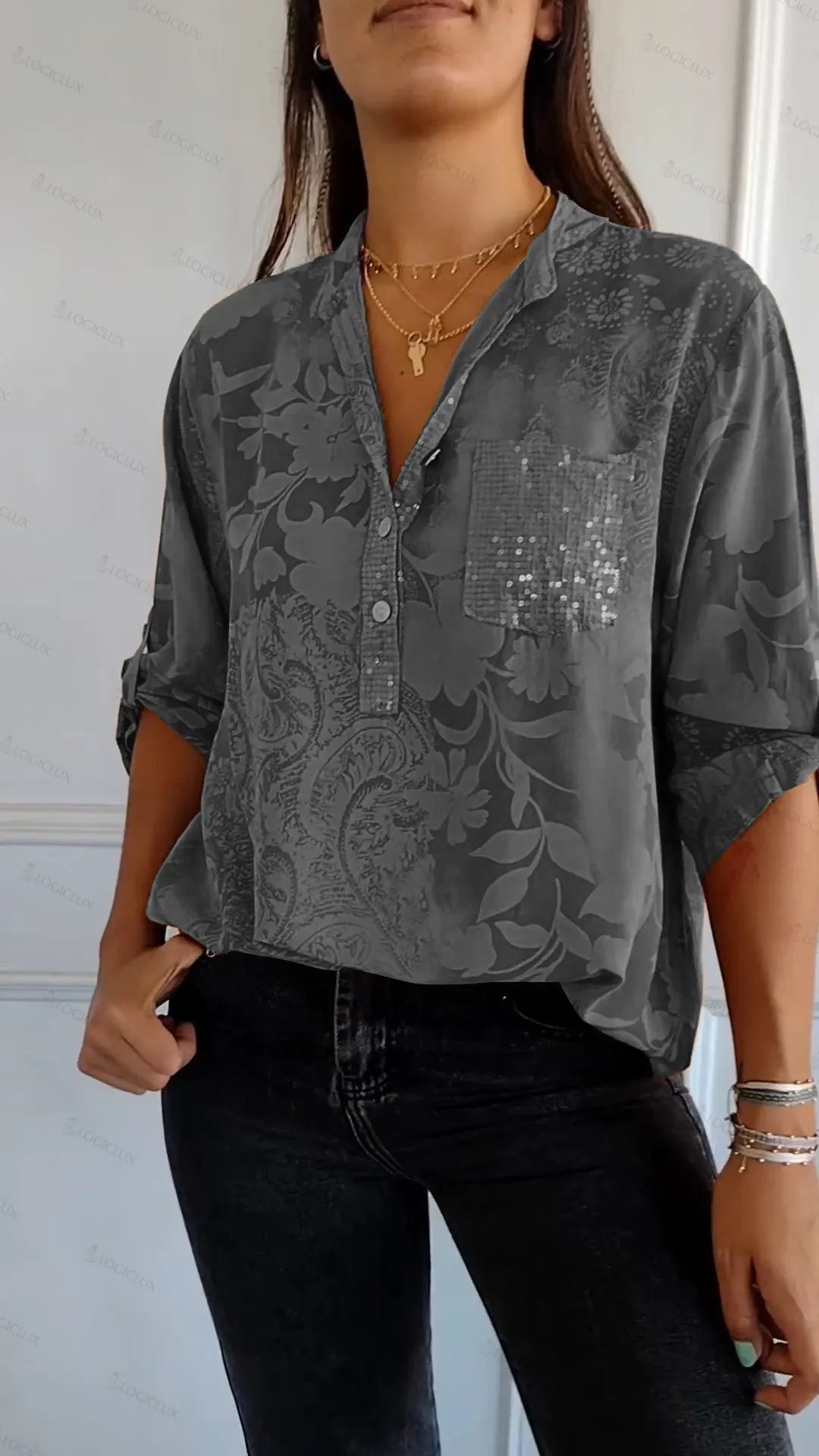 V-neck Half-button Printed Top(buy more save more)