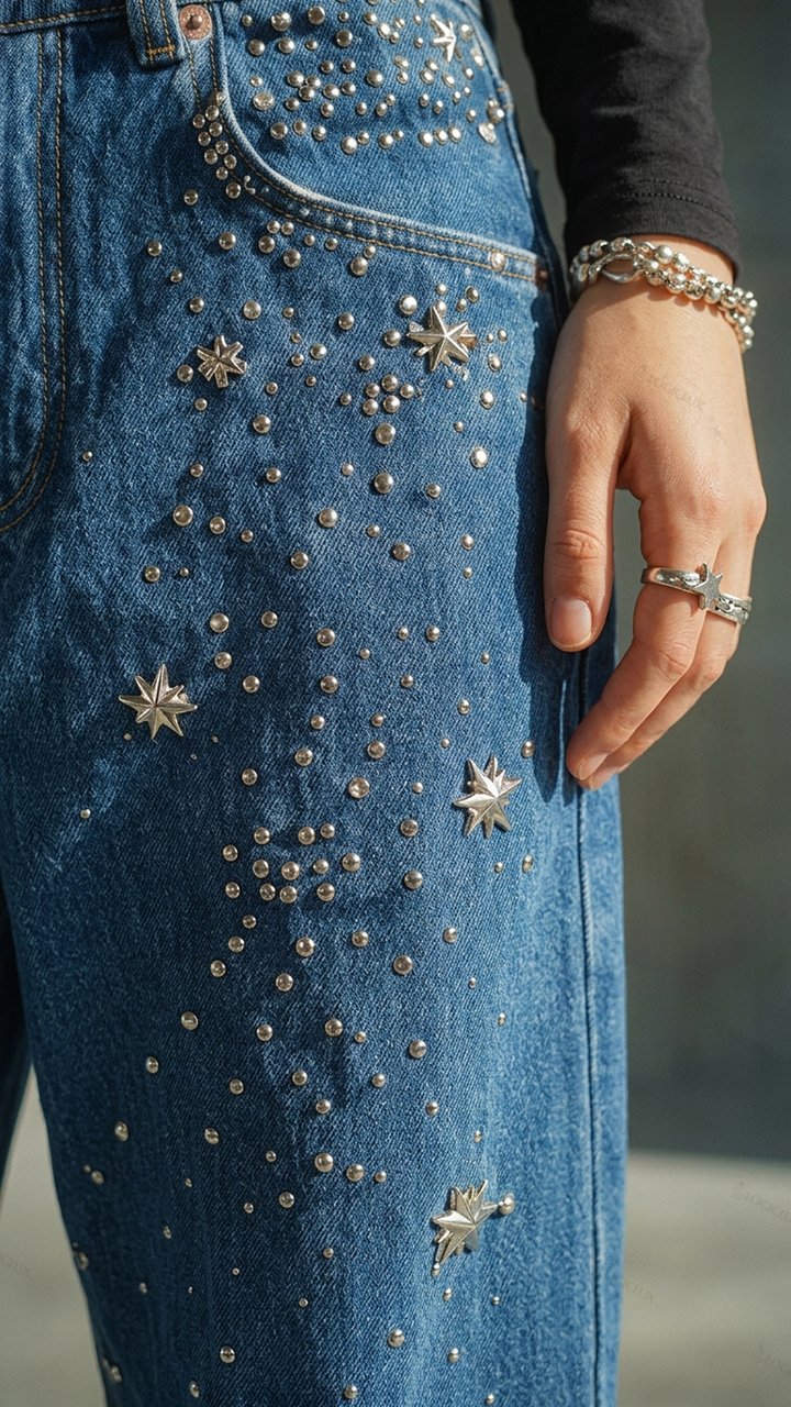 Womens Star Rhinestone Wide Leg Denim Pants