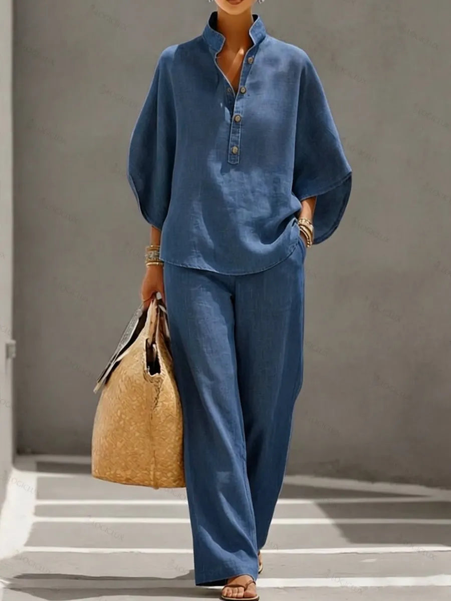 Casual Tencel Denim Top And Pants Two-piece Set