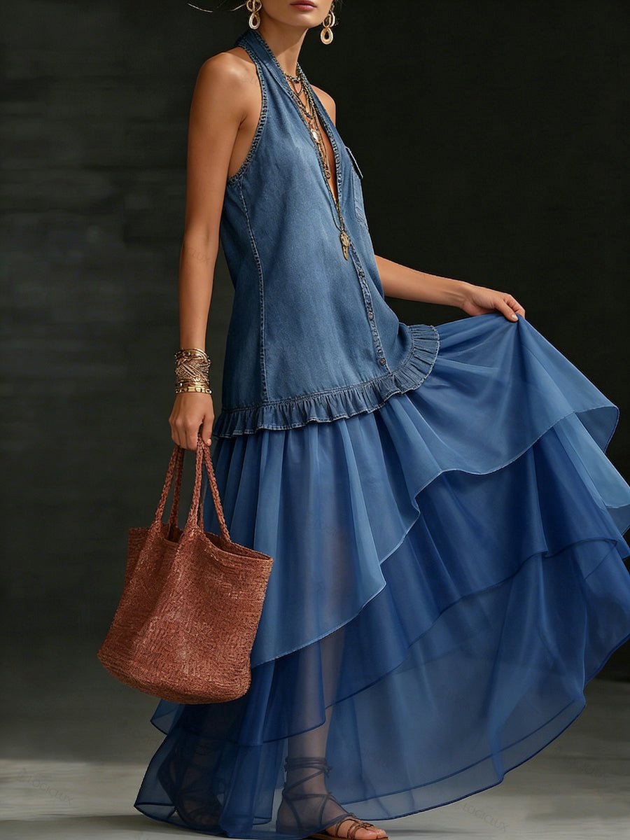 Boho Organza Hem Loose-fit Denim Maxi Dress