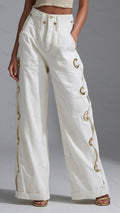 Womens Metal Ring Decorated Wide Leg Denim Pants