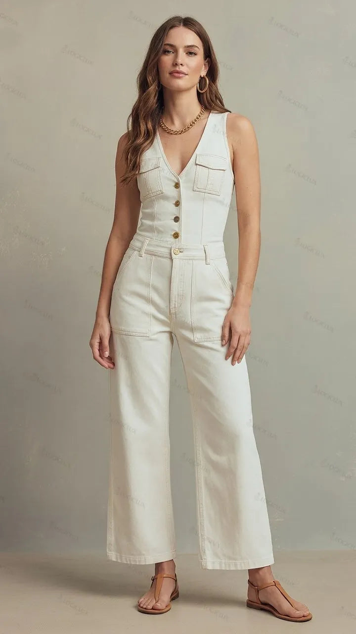 Womens Sleeveless V-neck Single-breasted Denim Wide Leg Jumpsuit
