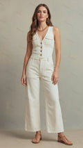 Womens Sleeveless V-neck Single-breasted Denim Wide Leg Jumpsuit