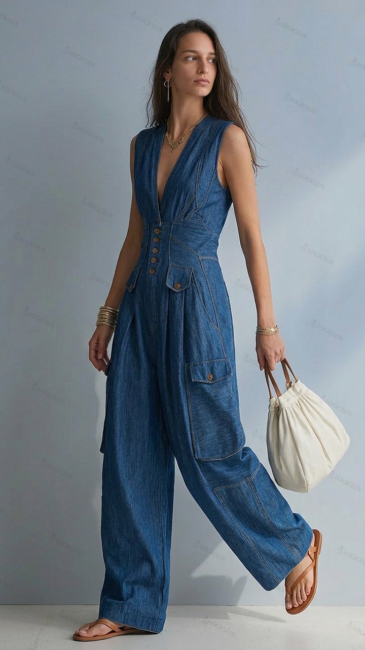 V-neck Sleeveless Denim Wide-leg Jumpsuit