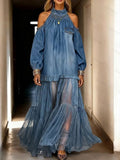 Women's Casual Loose-fit Dress: Stand Collar Long Sleeve Denim And Chiffon Patchwork