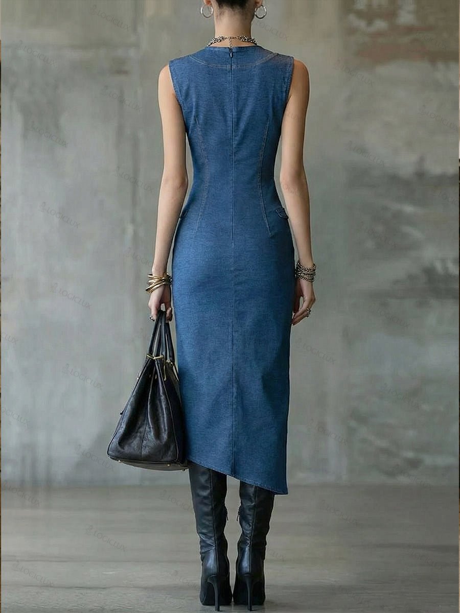 Stylish Slim Fit Sleeveless Button-down Denim Dress