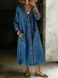 Women's Long Sleeve V-neck Button Up Cardigan Casual Loose Denim Dress