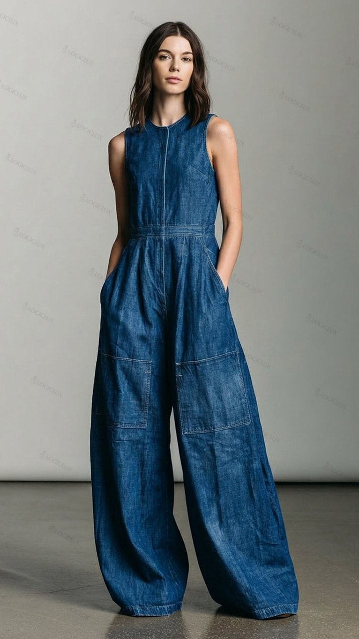 Women's Sleeveless Wide-leg Denim Jumpsuit
