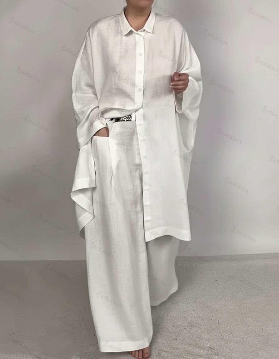 Women Casual Plain Shirt and Pants Two-pieces Set