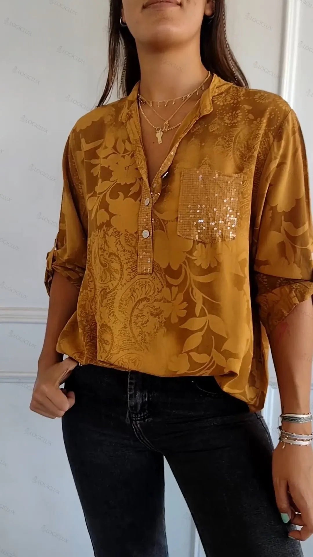 V-neck Half-button Printed Top(buy more save more)