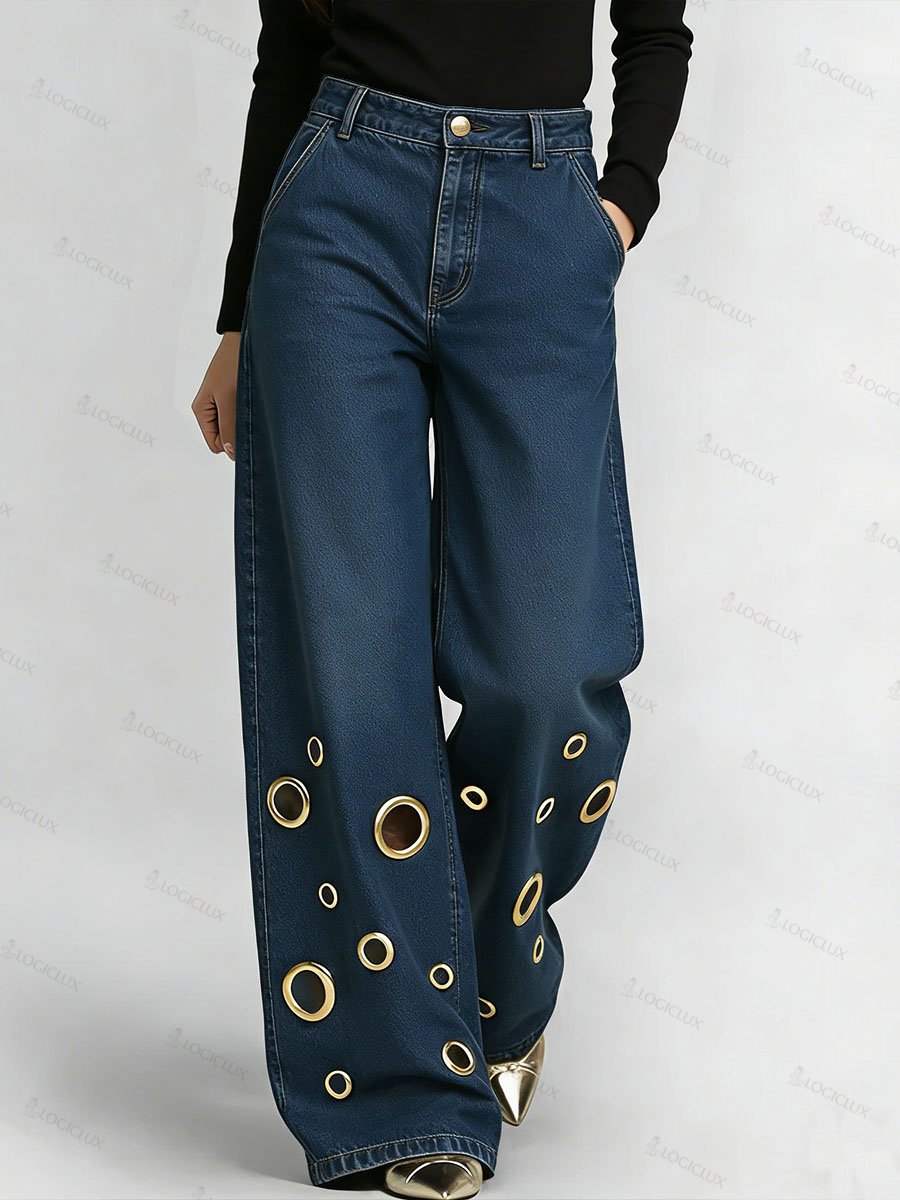 Women's High-waisted Hollow-out Design Casual Loose Wide-leg Jeans