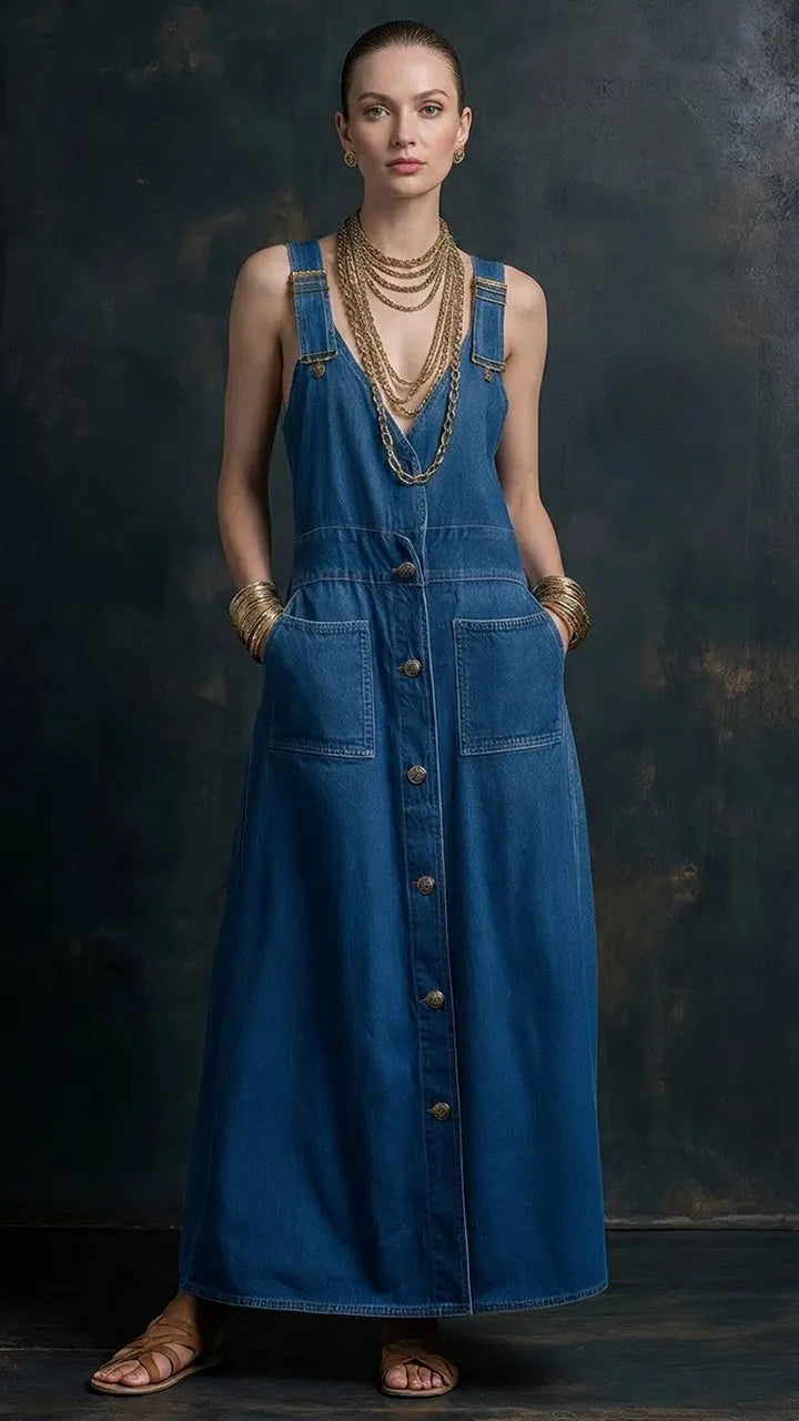 Women's V-neck Denim Sleeveless Maxi Dress