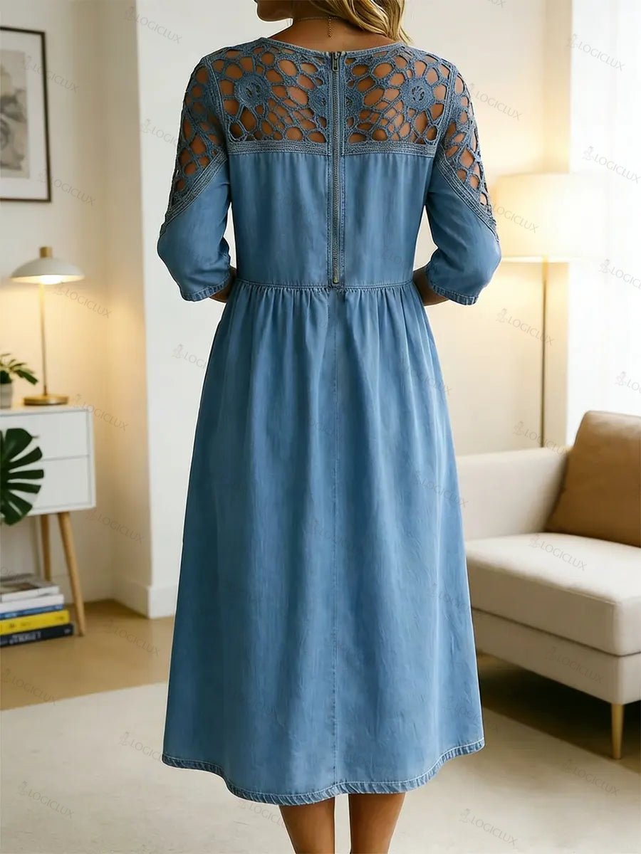 Women's Retro Stylish Hollow Patchwork Denim Maxi Dress