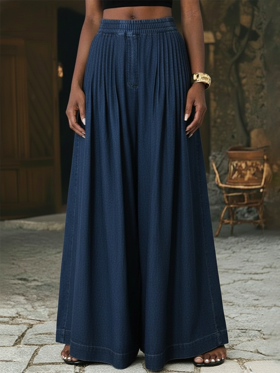 Retro Pleated Extra-wide Leg Denim Trousers