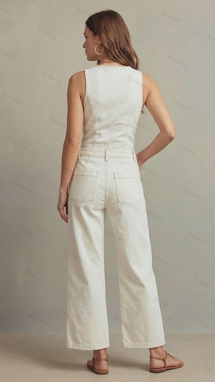 Womens Sleeveless V-neck Single-breasted Denim Wide Leg Jumpsuit