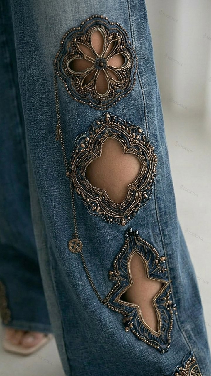 Womens High Waist Heavily Embroidered Ripped Wide Leg Jeans
